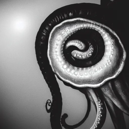 Image similar to dramatic full close - up portrait of a sad human cephalopod hybrid, detailed, dimly light room, tentacles, volumetric lighting,