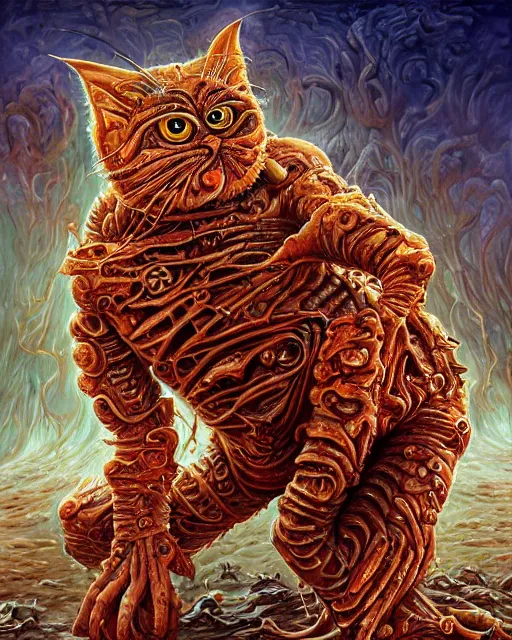 Image similar to bloody fleshmetal cyborg garfield eats jon, by antonio j. manzanedo, giger, alex grey, android jones, wayne barlowe, philippe druillet, raymond swanland, cyril rolando, josephine wall, harumi hironaka, trending on artstation