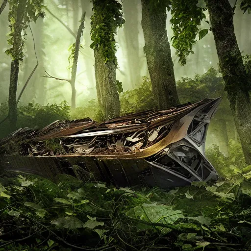 Image similar to a flying vessel wreckage lying down in a thick forest, vines growing on top, 8 k, hyper realism, artstations, concept art, cinematic