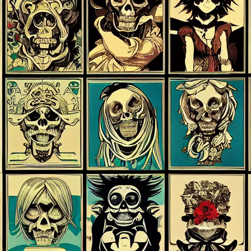 Image similar to anime manga skull portrait ape monkey hair animal comic skeleton illustration style by Alphonse Mucha warhol pop art nouveau