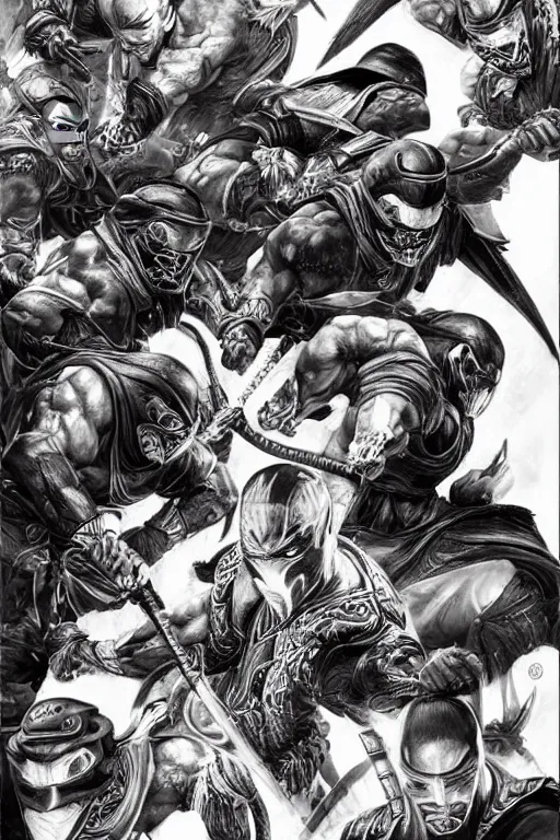 Image similar to portrait of mortal kombat ninjas, intricate line drawings, by Yoshitaka Amano, Ruan Jia, Kentaro Miura, Artgerm