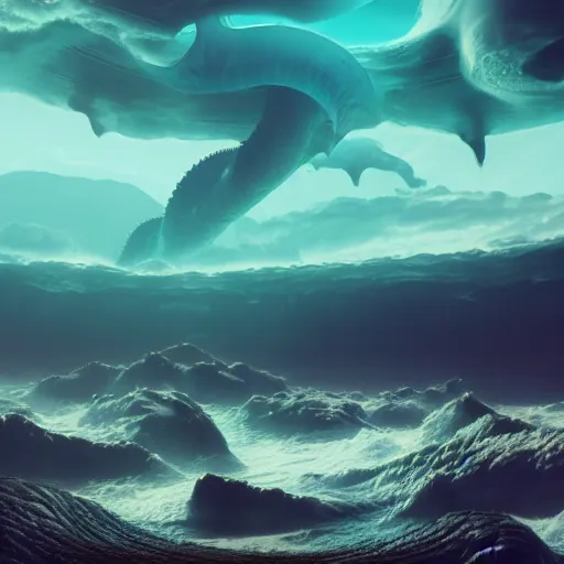 Image similar to aerial view of an alien ocean with clouds above it, sea leviathan serpent emerging out of the water, mountains on the background, octane render, detailed,