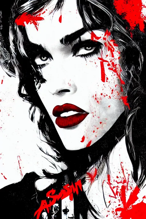 Image similar to dream of a film still from sin city, closeup portrait of film noir angry megan fox private detective wearing a hat, detailed illustration, digital art, trending on artstation, frank miller, martin ansin, action movie poster, dripping paint, red on black, graffiti, gta v,