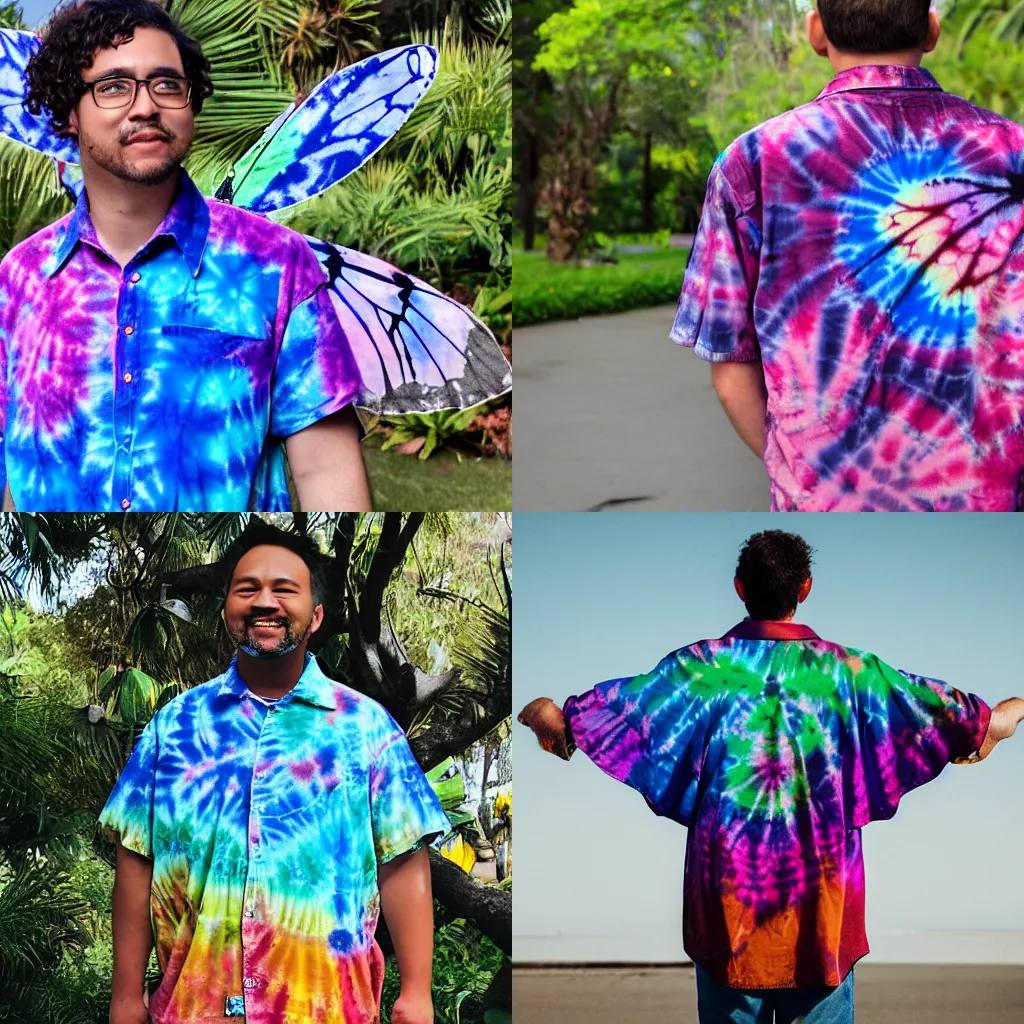 Prompt: a man wearing a tie dyed Hawaiian shirt with butterfly wings, photo realistic, natural lighting