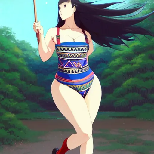 Image similar to a beautiful plus sized model japanese natalie portman, alluring plus sized model, wearing mayan leotard with elegant mayan apron overalls, street fashion hip hop style with mayan patterns, aztec street fashion, gapmoe yandere grimdark, trending on pixiv fanbox, painted by greg rutkowski makoto shinkai takashi takeuchi studio ghibli, akihiko yoshida