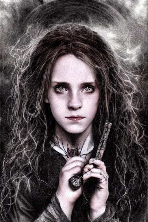 Image similar to dressed Hermione Granger in tattoos with a magic wand, by luis royo, beautiful eyes, top cinematic lighting, cinematic mood, hyperrealism, high detail