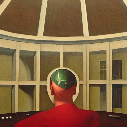 Prompt: portrait of an evil mastermind inside a dome - shaped control center, evil lair, grant wood, pj crook, edward hopper, oil on canvas