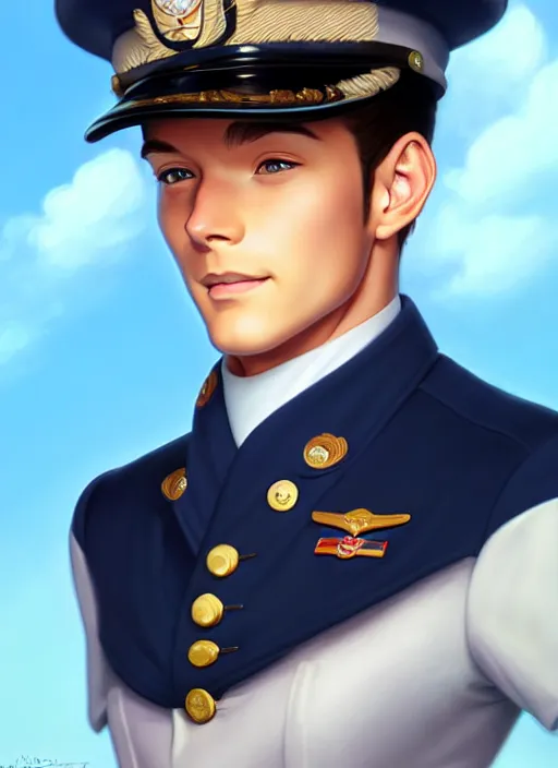 Image similar to cute navy officer dan james, natural lighting, path traced, highly detailed, high quality, digital painting, by don bluth and ross tran and studio ghibli and alphonse mucha, artgerm