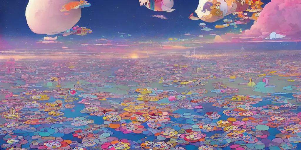 Image similar to a city floating above the sea by takashi murakami,, beeple and james jean, aya takano color style, 4 k, super detailed, night sky, digital art, digital painting, celestial, majestic, colorful