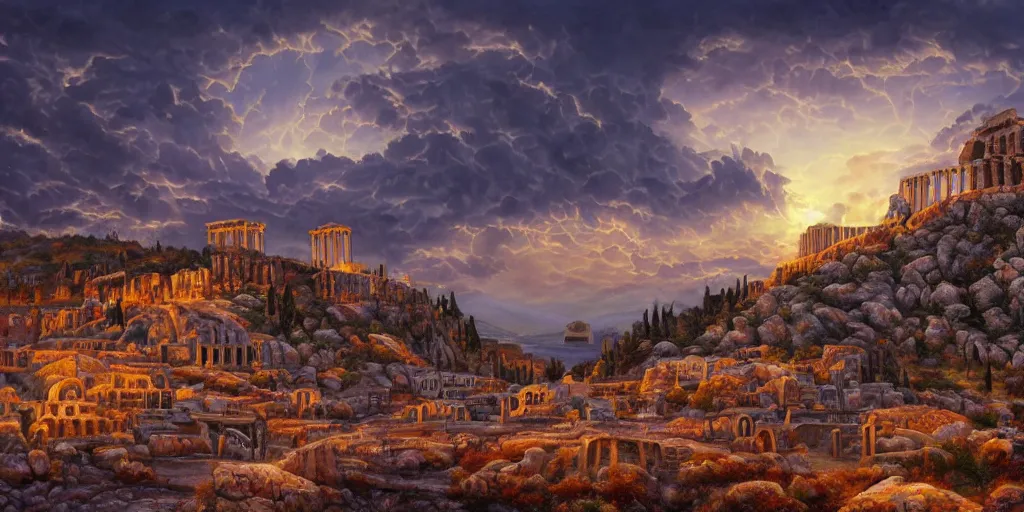 Prompt: fantasy oil painting, megalithic city of athens, fantasy, buildings, colossal, gate, looming, small buildings, warm lighting, street view, daytime, silhouetted figure standing overlooking the port city, epic, distant mountains, bright clouds, luminous sky, cinematic lighting, michael cheval, michael whelan, artstation, oil painting, vray, 8 k hd