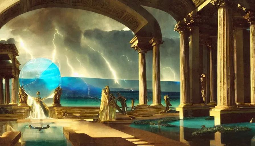 Image similar to Inside the giant Palace, mediterranean balustrade and columns line, refracted sparkles, thunderstorm, greek pool, beach and Tropical vegetation on the background major arcana sky and occult symbols, by paul delaroche, hyperrealistic 4k uhd, award-winning, very detailed paradise