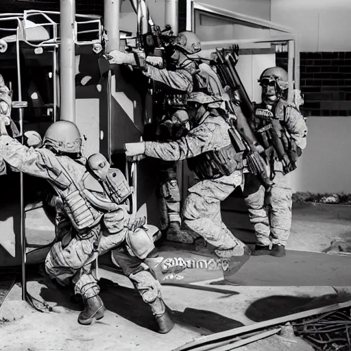 Image similar to fire team of marines raiding a mcdonald's playplace