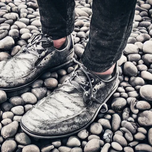 Image similar to ultra detailed photo, man wearing shoes made out of fish