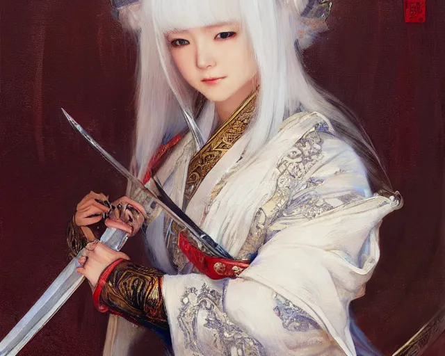 Prompt: a young japanese princess lady with white hair and bangs!!!!, posing with a sword, white hair highly detailed painting by gaston bussiere, craig mullins, j. c. leyendecker 8 k