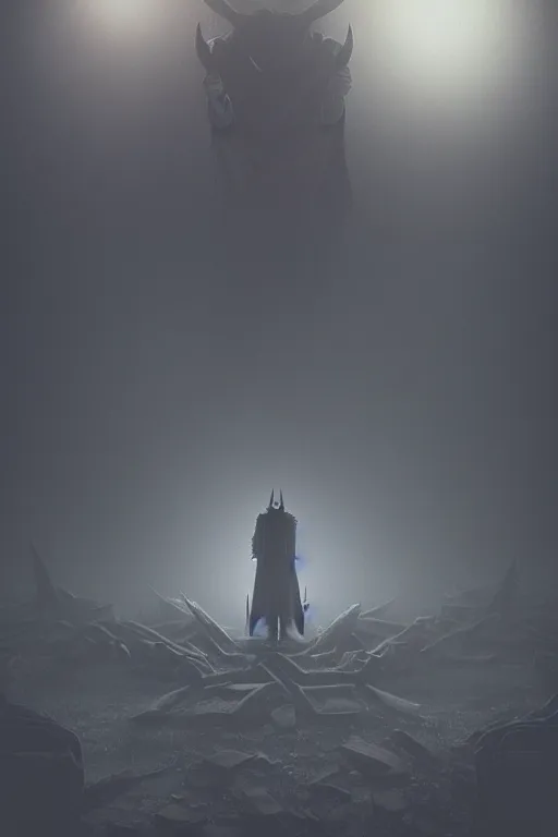 Image similar to making a deal with the devil, night, glowing light, symmetrical, enchanted, fog, mist, low light, evil, demonic, dark, environment concept, cgsociety, concept art, digital illustration, environment 8K artstation, cinematic lighting, intricate details, 4k detail post processing, hyperealistic