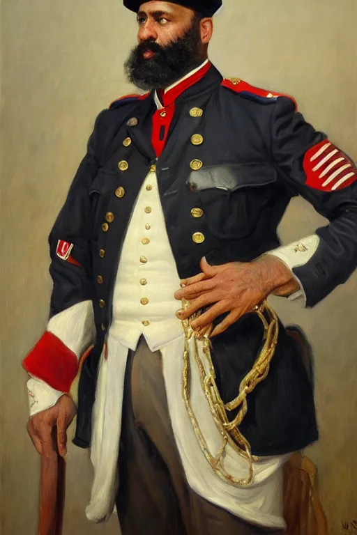 Prompt: full body portrait of the dictator of the detroit pistons, 1 8 8 9, in full military garb, oil on canvas by william sidney mount, trending on artstation