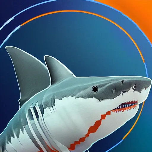 Image similar to great white shark, side view, with a silver and orange striped traffic cone construction cone on its dorsal fin, mandala background - ron cheng & alphonse mucha, highly detailed, digital painting, ray tracing, concept art, illustration, smooth sharp focus, intricate, symmetry, artstation,