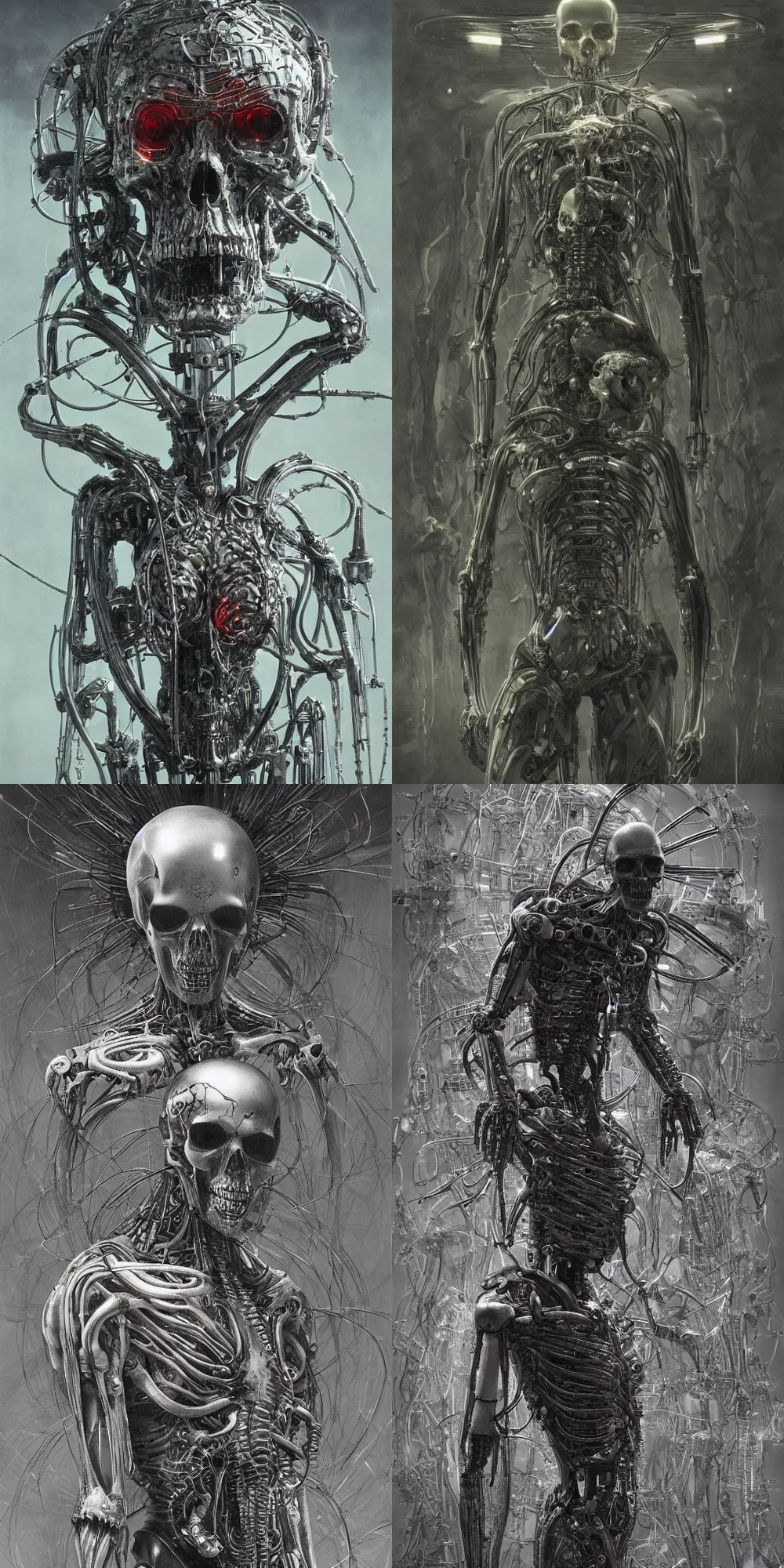 Prompt: humanoid cyborg with a skull head, razor sharp teeth and mechanical claws, translucent skin, barcodes, wires and tubes, mix styles of tsutomu nihei, video game art, battle scene, zdzisław beksinski and giger