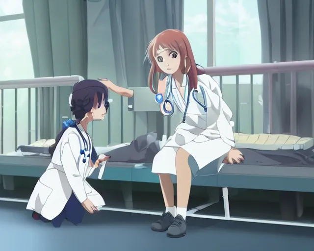 Prompt: a cute young female doctor wearing white coat are talking to a little girl in a hospital, slice of life anime, lighting, anime scenery by Makoto shinkai