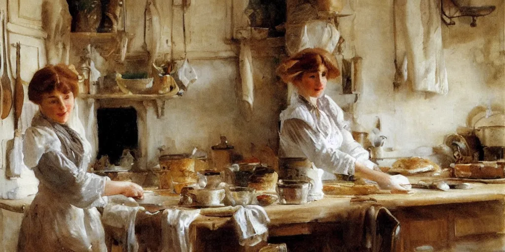 Image similar to a young edwardian woman baking bread in a cozy french kitchen, in the style of anders zorn