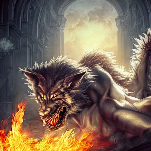 Image similar to A epic and beautiful rococo painting of a Werewolf using a burning laboratory. Castlevania style. ultra-detailed. Anime, pixiv, UHD 8K CryEngine, octane render