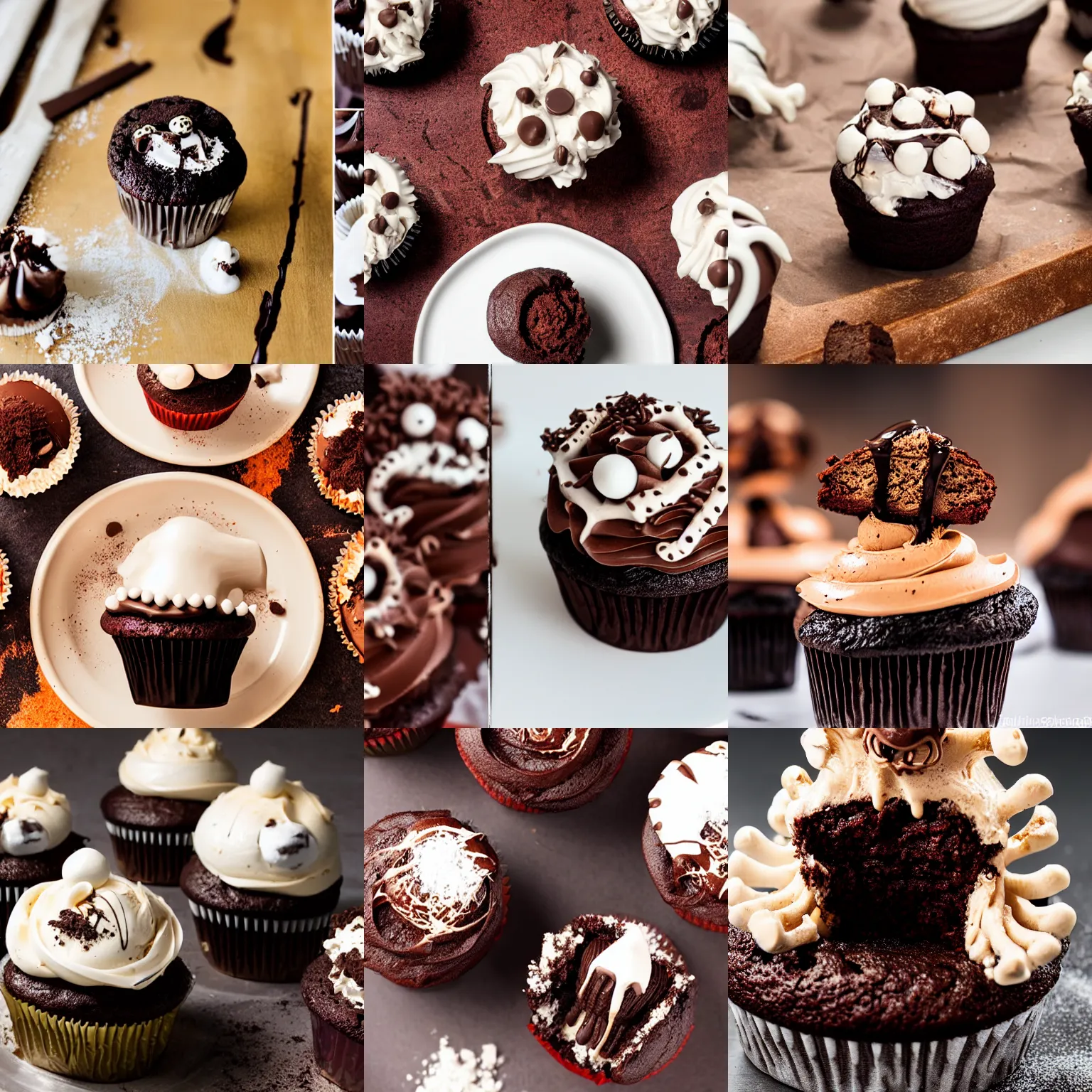 Prompt: a bone creature emerging from an exploding chocolate cupcake, professional food photography