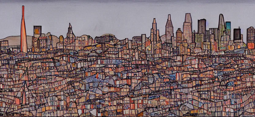 Prompt: scientific illustration of san francisco skyline, egon schiele portrait style