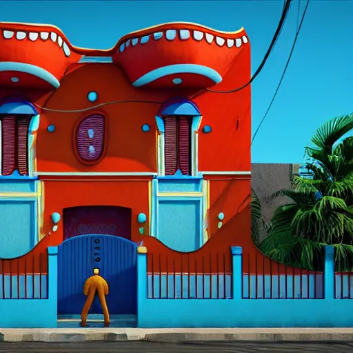 Image similar to freddy mamani silvestre house facade, highly detailed, photo, artstation, 3 d render, gta 6 style, sharp focus, environment lighting, style by wes anderson and vernacular signs, bolivian cholitas, 8 k, ultra realistic, glow, soft lighting, hyperrealistic, unreal engine