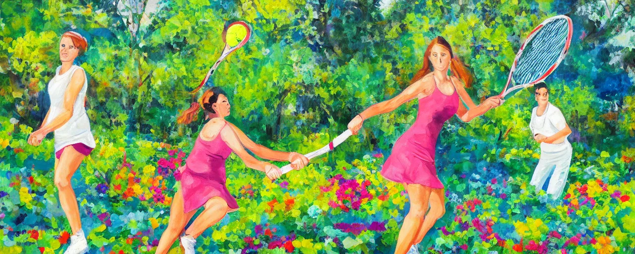 Prompt: a vibrant painting of a women playing tennis in a botanic garden with giant pickles