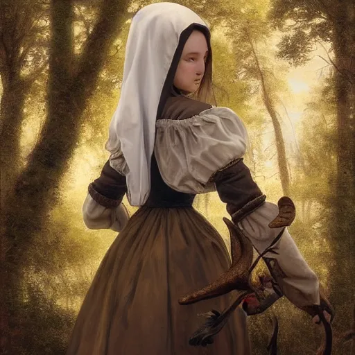 Image similar to A masterpiece ultrarealistic ultradetailed portrait of a Incredibly beautiful maid baroque renaissance swamp nun girl hunting on deer with russian greyhound medium shot, intricate, elegant, highly detailed. trending on artstation, digital art, by Stanley Artgerm Lau, WLOP, Rossdraws, James Jean, Andrei Riabovitchev, Marc Simonetti, Yoshitaka Amano. background by James Jean and Gustav Klimt, light by Julie Bell, 4k, porcelain skin.