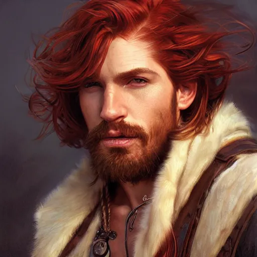 Prompt: portrait of a young ruggedly handsome but charming pirate, male, masculine, upper body, red hair, long hair, d & d, fantasy, soft lips, intricate, elegant, highly detailed, digital painting, artstation, concept art, matte, sharp focus, illustration, art by artgerm and greg rutkowski and alphonse mucha