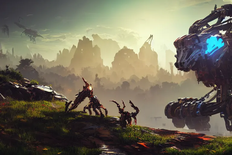 Image similar to scrapper machine mecanical creature robot of horizon forbidden west horizon zero dawn radiating a glowing aura global illumination ray tracing hdr fanart arstation by ian pesty and alena aenami artworks in 4 k