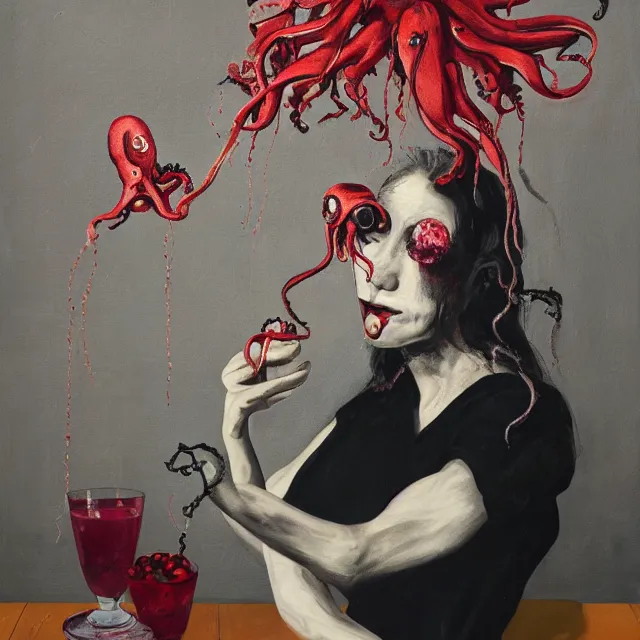 Prompt: empty room with black walls, a portrait of a female pathologist holding an octopus, wilted flowers, pomegranate, berry juice dripping, neo - expressionism, surrealism, acrylic and spray paint and oilstick on canvas