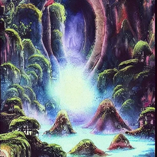 Image similar to “ ancient portal to other dimension in middle of waterfall in studio ghibli film, very detailed, masterpiece, chinese water color painting ”