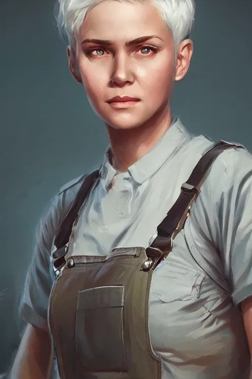 Prompt: portrait of a military engineer woman with short white hair, wearing overalls, medium shot, portrait, concept art, natural lighting, illustration, full color, highly detailed, photorealistic, by greg rutkowski, artstation,