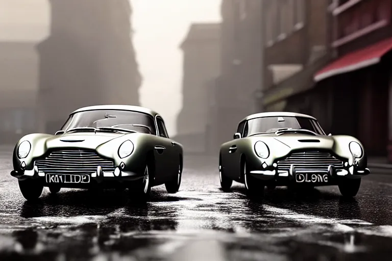 Image similar to a wholesome animation key shot of!! one!! focused!! aston martin db 5!!, front wheels turned, on a wet london street, raining, wide shot, studio ghibli, pixar and disney animation, sharp, very detailed, high resolution, rendered in unreal engine 5, anime key art by greg rutkowski, bloom, dull atmospheric lighting