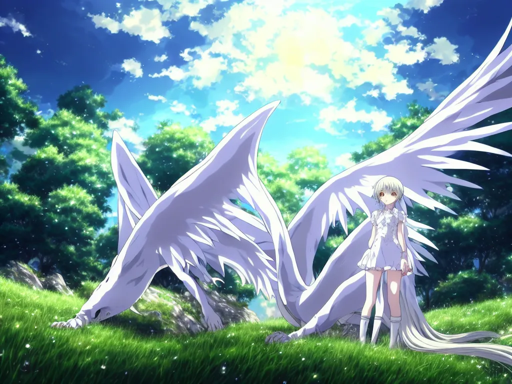 Prompt: anime art full body portrait character concept art, be surrounded by a huge silver white dragon center, in white clouds fairyland, anime key visual of violet evergarden, finely detailed perfect face delicate features directed gaze, laying down in the grass at sunset in a valley, trending on pixiv fanbox, violet evergarden, studio ghibli, extremely high quality artwork