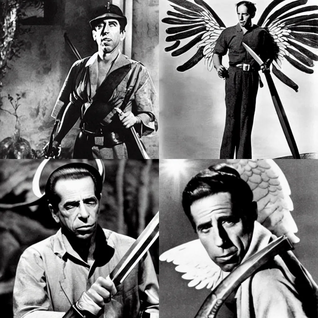 Prompt: humphrey bogart as an angel with a sword