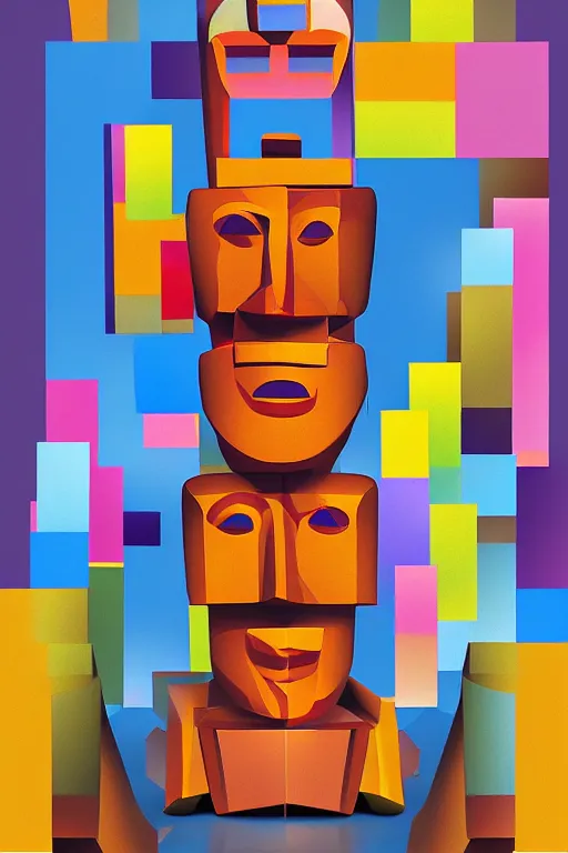 Image similar to cubist moai statue cutout digital illustration cartoon colorful beeple