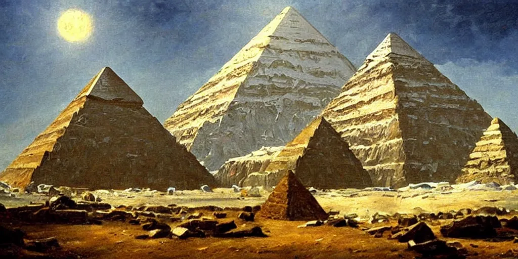 Image similar to Antarctica, pyramids, oil painting, highly detailed, artwork, in style of Albert bierstadt