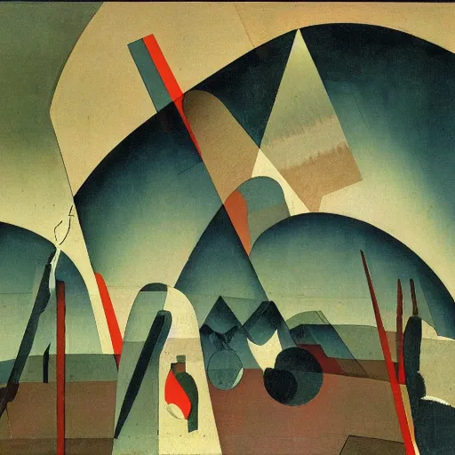 Prompt: painting of a lush natural scene on an alien planet by el lissitzky. beautiful landscape. weird vegetation. cliffs and water.