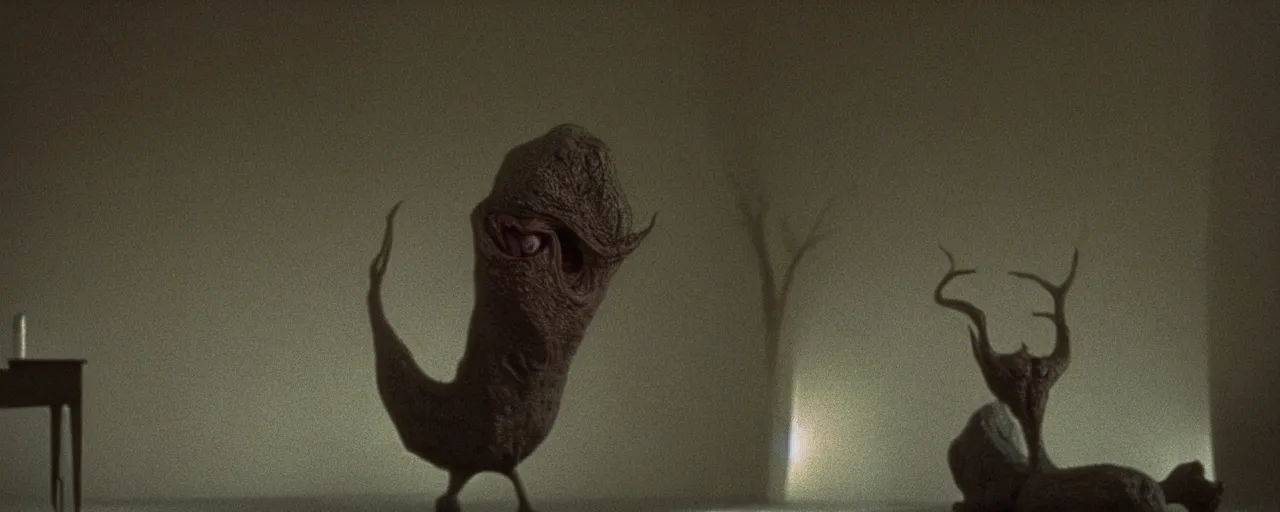 Image similar to a strange creature sits in the living room, film still from the movie directed by Denis Villeneuve with art direction by Zdzisław Beksiński, close up, telephoto lens, shallow depth of field