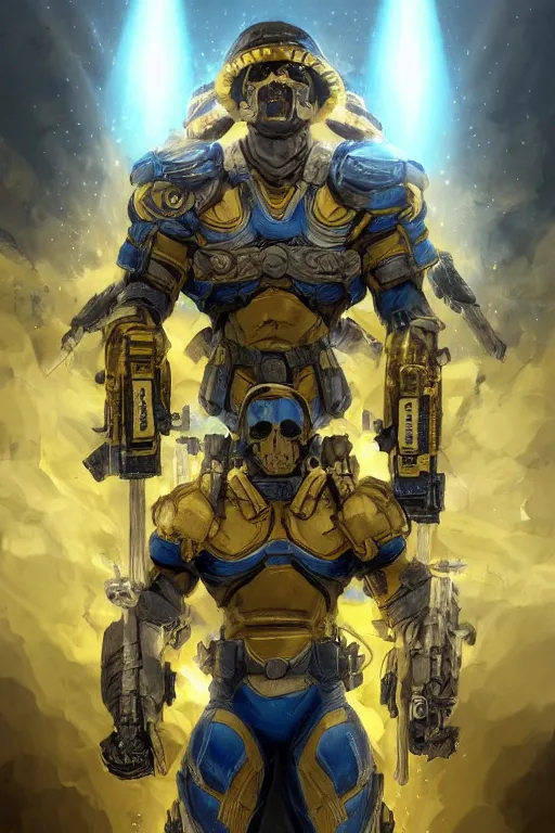 Prompt: an super mega hyper realistic image of a super soldier with a Ukrainian blue and yellow stripes flag standing in the beam of light from the clouds on a pile of skulls as a winner, masculine figure, D&D, fantasy, intricate, elegant, highly detailed, extremely detailed, digital painting, artstation, concept art, matte, sharp focus, symmetrical, illustration, art by Artgerm and Greg Rutkowski and Alphonse Mucha