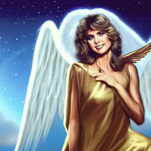 Image similar to Olivia Newton John as a beautiful angel looking at earth from heaven, trending on artstation,