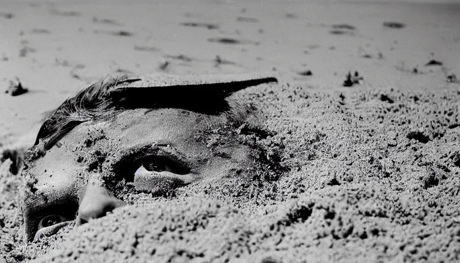 Prompt: 1 9 6 0 s movie still close up of marcus atilius regulus bloody eyes looking directly at the sun his body buried in the sand, cinestill 8 0 0 t 3 5 mm b & w, high quality, heavy grain, high detail, texture, dramatic light, anamorphic, hyperrealistic, detailed hair