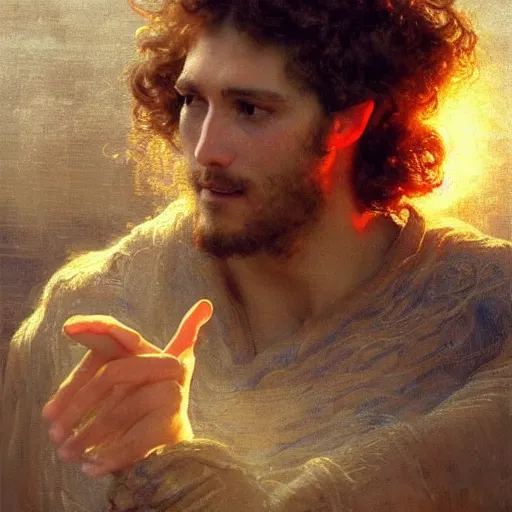 Image similar to a handsome young man with curly brown hair summons a ball of light into his hand. dramatic. cinematic. holy. saintly. demigod. lord of light. gaston bussiere. geoffroy thoorens