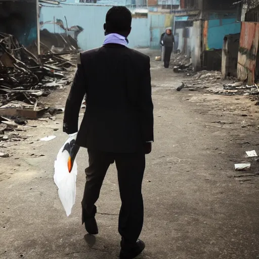 Image similar to photo of a man in a suit wearing a latex mask of a shoebill stork, at a favela, walking away from explosion, dramatic lighting