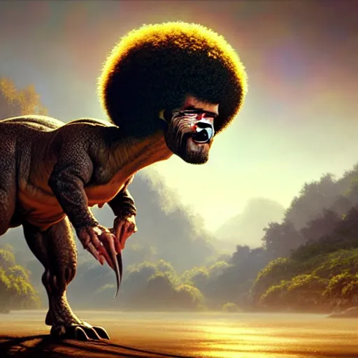 Image similar to bob ross!!! riding!!! a dinosaur!!, giant afro!, model pose, ultra realistic, concept art, intricate details, highly detailed, photorealistic, octane render, 8 k, unreal engine. art by artgerm and greg rutkowski and alphonse mucha