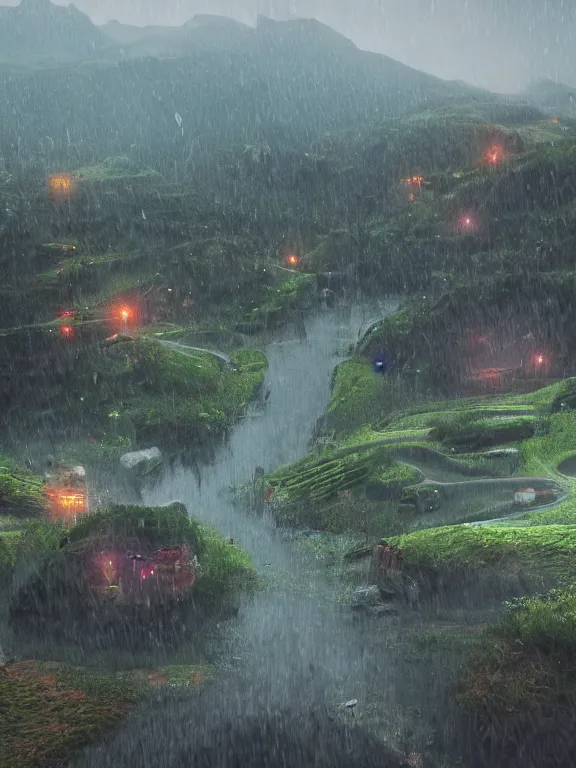 Image similar to photo of 8k ultra realistic beautiful valley, small town, hills, pylons, heavy rain, full of colour, cinematic lighting, battered, trending on artstation, 4k, hyperrealistic, focused, extreme details,unreal engine 5, cinematic, masterpiece, art by studio ghibli