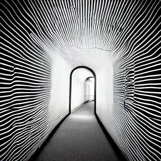 Image similar to A tunnel glowing with lines on the walls leading to the darkness